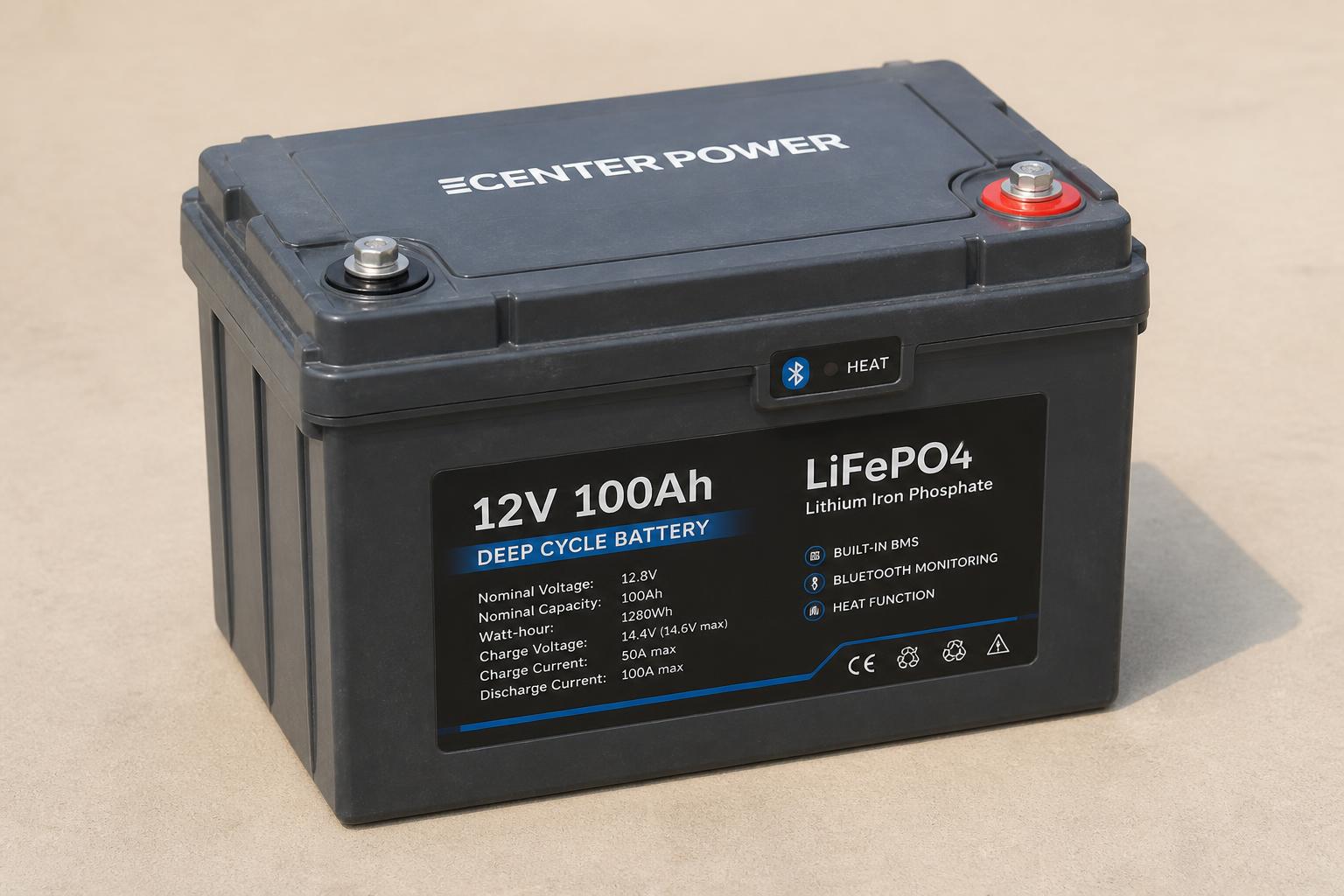 Center Power 12V 100Ah LiFePO4 battery with Bluetooth and Heat indicators